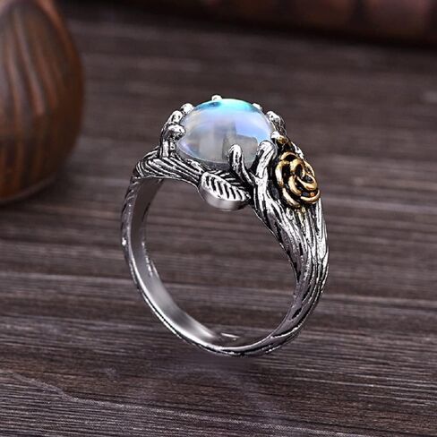 Hsitgexf Unique Vintage Flowering Twig Rainbow Moonstone Engagement Ring for Women,Victorian Style Solitaire Ring Thai Silver Jewelry (US Size 9) in Saudi Arabia