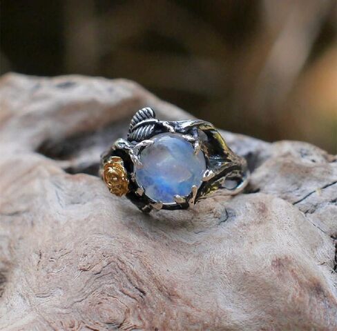 Hsitgexf Unique Vintage Flowering Twig Rainbow Moonstone Engagement Ring for Women,Victorian Style Solitaire Ring Thai Silver Jewelry (US Size 9) in Saudi Arabia