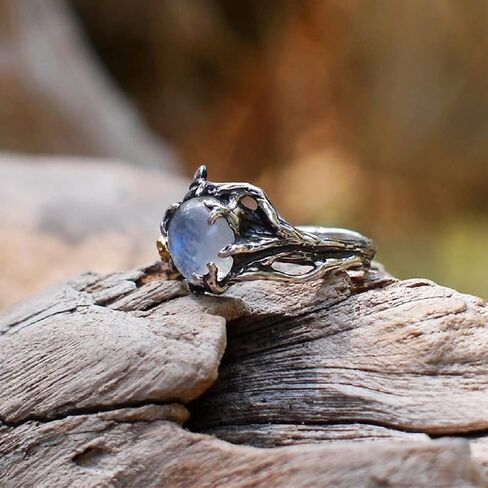 Hsitgexf Unique Vintage Flowering Twig Rainbow Moonstone Engagement Ring for Women,Victorian Style Solitaire Ring Thai Silver Jewelry (US Size 9) in Saudi Arabia