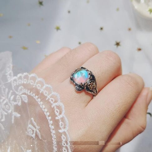 Hsitgexf Unique Vintage Flowering Twig Rainbow Moonstone Engagement Ring for Women,Victorian Style Solitaire Ring Thai Silver Jewelry (US Size 9) in Saudi Arabia