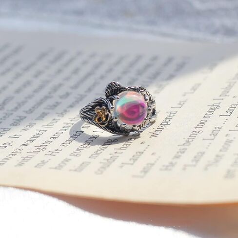 Hsitgexf Unique Vintage Flowering Twig Rainbow Moonstone Engagement Ring for Women,Victorian Style Solitaire Ring Thai Silver Jewelry (US Size 9) in Saudi Arabia