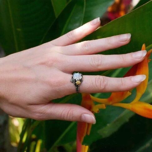Hsitgexf Unique Vintage Flowering Twig Rainbow Moonstone Engagement Ring for Women,Victorian Style Solitaire Ring Thai Silver Jewelry (US Size 9) in Saudi Arabia