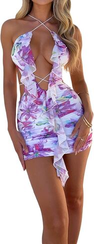 المرأة انقطاع عارية الذراعين فستان قصير مثير بلا أكمام السباغيتي حزام Bodycon فستان قصير الأزهار الجوف خارج فستان الحفلات in Saudi Arabia