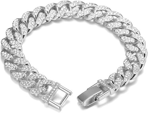 richhut Gold Chain for Men Guys Cuban Link Chain Iced Out ●Big Dog● 14MM Wide Silver Tone Real White Gold Platinum Plated Bracelet Necklace Handset Diamonds Gift for Boyfriend Husband in Kuwait