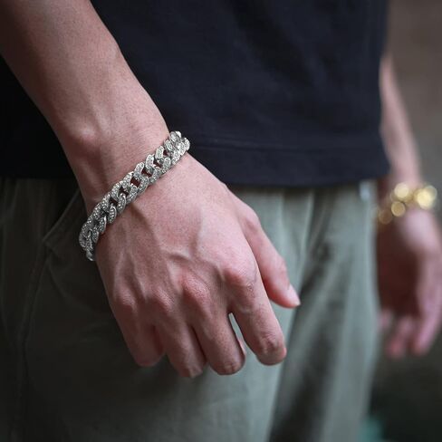 richhut Gold Chain for Men Guys Cuban Link Chain Iced Out ●Big Dog● 14MM Wide Silver Tone Real White Gold Platinum Plated Bracelet Necklace Handset Diamonds Gift for Boyfriend Husband in Kuwait