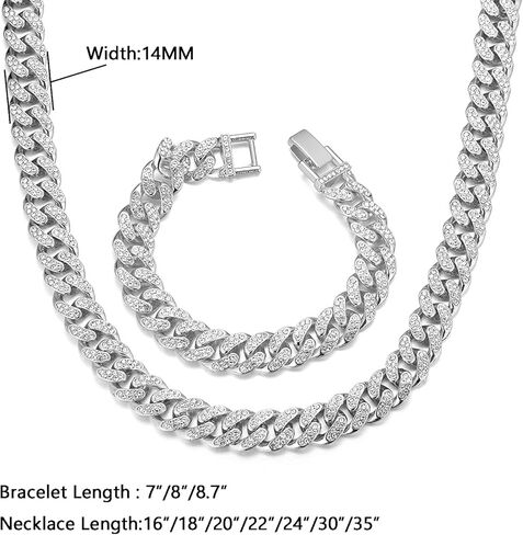 richhut Gold Chain for Men Guys Cuban Link Chain Iced Out ●Big Dog● 14MM Wide Silver Tone Real White Gold Platinum Plated Bracelet Necklace Handset Diamonds Gift for Boyfriend Husband in Kuwait