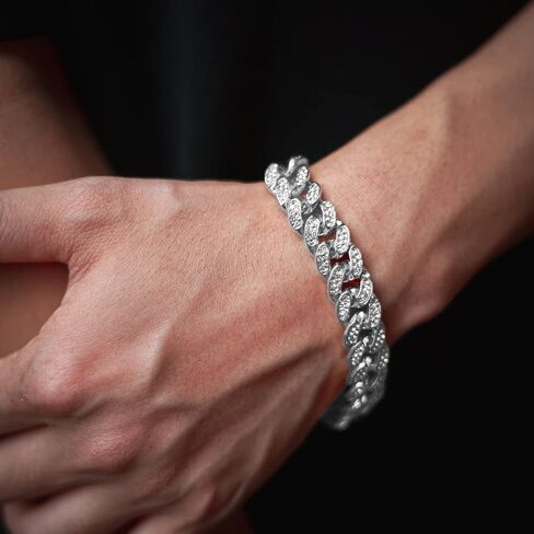 richhut Gold Chain for Men Guys Cuban Link Chain Iced Out ●Big Dog● 14MM Wide Silver Tone Real White Gold Platinum Plated Bracelet Necklace Handset Diamonds Gift for Boyfriend Husband in Kuwait