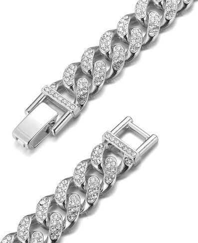 richhut Gold Chain for Men Guys Cuban Link Chain Iced Out ●Big Dog● 14MM Wide Silver Tone Real White Gold Platinum Plated Bracelet Necklace Handset Diamonds Gift for Boyfriend Husband in Kuwait