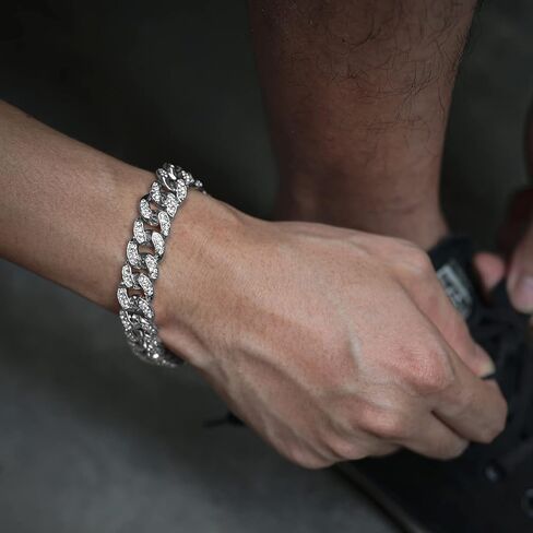 richhut Gold Chain for Men Guys Cuban Link Chain Iced Out ●Big Dog● 14MM Wide Silver Tone Real White Gold Platinum Plated Bracelet Necklace Handset Diamonds Gift for Boyfriend Husband in Kuwait