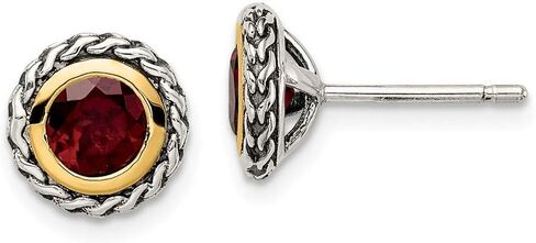 Solid 925 Sterling Silver 14k Yellow Gold Accent Garnet Post Studs Earrings in Saudi Arabia