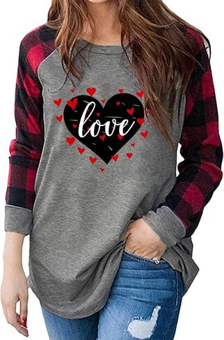 عيد الحب الحب قميص بلايز المرأة مضحك منقوشة الحب القلب تي شيرتات ورق الرسم البياني رسالة طباعة كم طويل بلايز قمصان in Kuwait