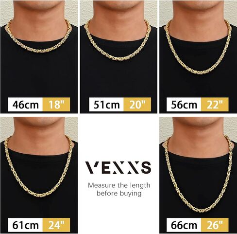 قلادة VEXXS البيزنطية للرجال سلسلة بيزنطية ملكية، قلادة رجالية مطلية بالذهب الحقيقي عيار 18 قيراط، متينة لا يبهت اللون سلسلة رجالية 3 مم 4 مم سلسلة ربط ميامي الكوبية أزياء حضرية ملابس الشارع in Saudi Arabia