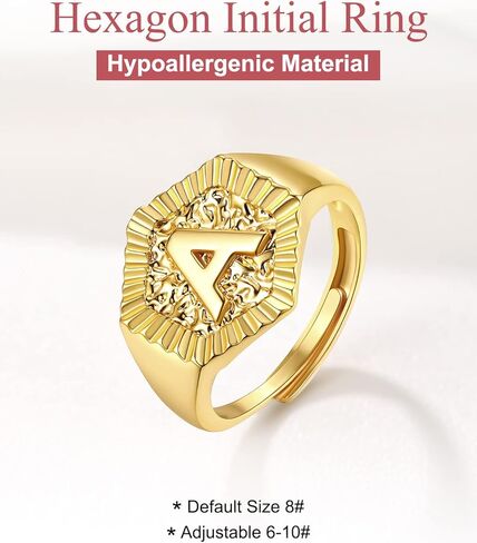 FOCALOOK 14K Gold Plated Initial Adjustable Ring,Womens Chunky Hexagon Shaped Initial Letter A-Z Signet Rings in Saudi Arabia