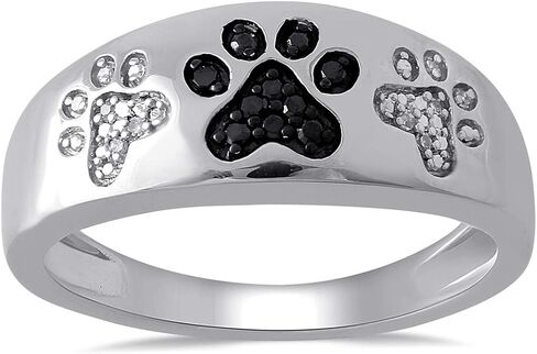 Jewelili الفضة الاسترليني المعالجة الأسود والأبيض الطبيعي جولة الماس لهجة مخلب الدائري in Saudi Arabia
