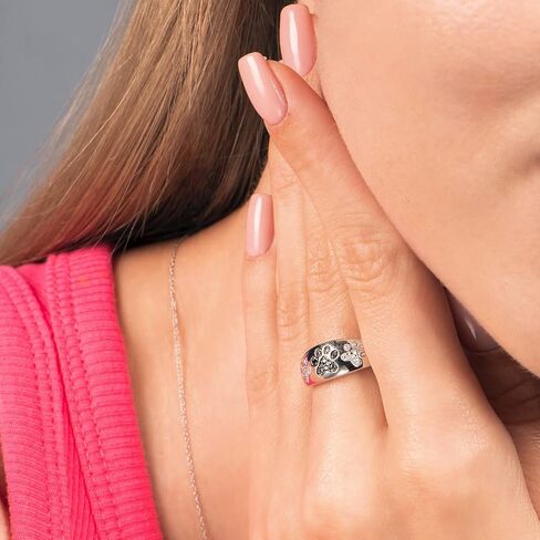 Jewelili الفضة الاسترليني المعالجة الأسود والأبيض الطبيعي جولة الماس لهجة مخلب الدائري in Saudi Arabia
