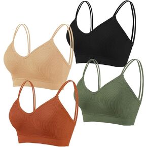 Padded Bralettes for Women Pack of 4, Sports Bras with Double Shoulder Straps, V Neck Cami Bando Bra for Girls