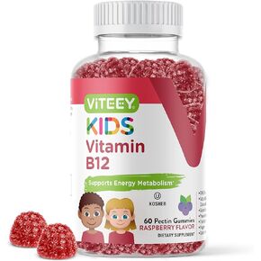 Vitamin B12 for Kids Gummies, 1000mcg - Metabolism, Natural Energy Support - Vegan, Gelatin Free, Gluten Free, GMO Free - Tasty Chewable B12 Raspberry Flavored Gummy