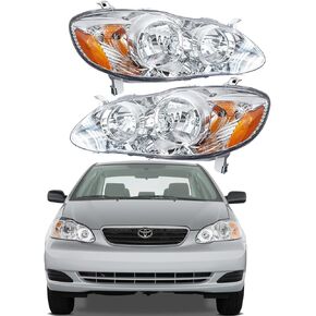 TO2502154, TO2503154 Headlight Assembly Left & Right Replacement for 2003 2004 2005 2006 2007 2008 Corolla Clear White Housing Amber