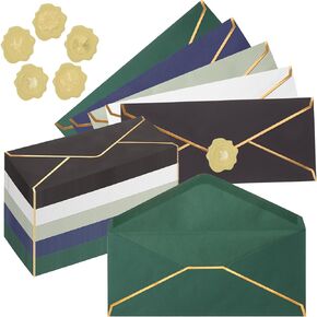 Jetec 100 Pcs #10 Colorful Business Mailing Envelopes with Gold Border and Gold Stickers Standard Letter Size Envelopes for Graduation Wedding Invitation Office Checks Invoices(Classic Color)