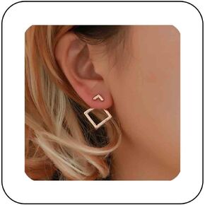Boho Square Ear Jacket Earrings Square Front Back Earrings Hollow Square Stud Earrings Minimalist V Ear Jacket Earring Gold Geometry Earrings Jewelry for Women and Girls