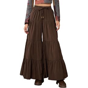 SHENHE Women's Tiered Ruffle Hem Wide Leg Pants Elastic Waist Flowy Palazzo Boho Pants
