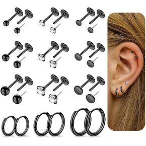 12 Pairs 20G 316L Stainless Steel Threadless Stud Earrings for Multiple Piercing Small Huggie Hoop Earrings Flat Back Tiny Stud Earring for Cartilage Helix Tragus Lobe