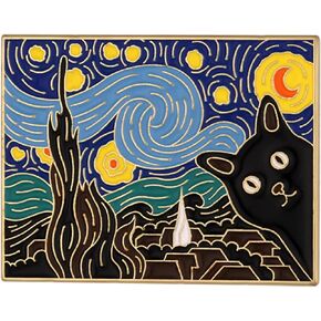 Black Cat Starry Night Vincent Van Gogh Oil Painting Art 1.2" Enamel Pin Badge