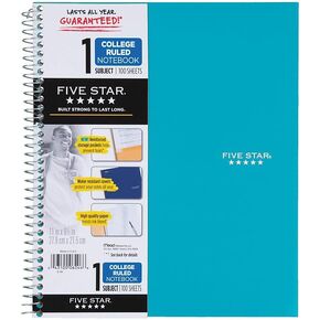 Five Star Spiral Notebook, 1 Subject, College Ruled Paper, 100 Sheets, 11" x 8-1/2", Color Selected For You, 1 Count (06044)