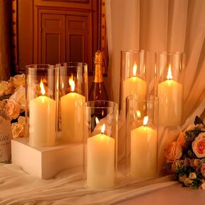 6 Sets Open Ended Hurricane Candleholders with Pillar Candles Hurricane Candle Holder Sleeve Bottomless Glass Candle Shade Cylinder Clear Chimney Tube for Home (4 x 9.5 Inches)