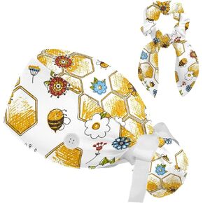 Work Cap Bouffant Surgical Hats with Hair Ties Blue Flowers Bug Scarab Ponytail Holder Tie Back Scrub Hat