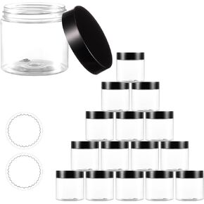 16 Pack 4 OZ Plastic Jars With Black Lids, Elumeiro Clear Empty Cosmetic Container Round Cream Jar with Stickers For Storage Lotion, Scrubs, Powder, Ointment, Makeup, Candy, Slime