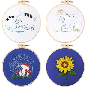FMTYAOIU Embroidery Kits for Beginners 4 Sets, Cross Stitch with Stamped Patterns and Instructions, Needlepoint Funny Hobby Kits with Embroidery Hoops, Color Threads and Scissors,DIY Crafts for Women