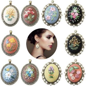 10 Pack Embroidery Pendant Kit with Instructions, Mini Flower Patterns Embroidered Pendant Necklace with Chain,Needle Thread ,Small Cross Stitch Kit with Canvas Cloth Hoop for Adults DIY Art Crafts