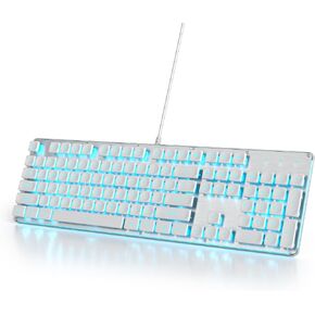 لوحة مفاتيح الألعاب Owpkeenthy باللون الأبيض، لوحة مفاتيح هادئة كاملة الحجم، لوحة مفاتيح هادئة بإضاءة خلفية زرقاء ثلجية، لوحة مفاتيح مربعة للمكتب مع لوحة معدنية لأجهزة الكمبيوتر المحمول، وأجهزة الكمبيوتر المكتبية (104 أبيض) in Kuwait