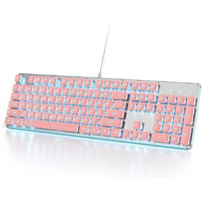 Owpkeenthy White Typewriter Gaming Keyboard Full-Size Quiet Keyboard Ice Blue Backlit Light Up Office Square Punk Keyboard with Metal Panel for Laptop，PC Desktops (104 White)