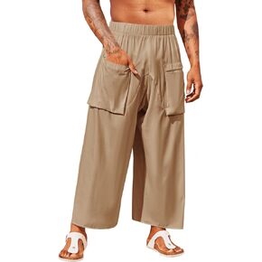 Runcati Mens Cotton Yoga Pants Baggy Summer Beach Trousers Elastic Waist Lightweight Wide Leg Harem Pants