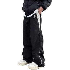 OYOANGLE Men's Letter Print Side Seam Casual Pants Drawstring Waist Wide Leg Baggy Pants