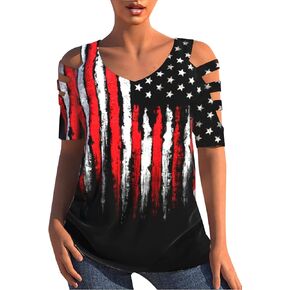 FAYALEQ USA Flag Shirt Women Off The Shoulder Top American Flag Tee 4th of July Patriotic Tees Distressed Star Stripes Shirts