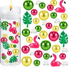 10106 Pieces Hawaiian Flamingo Pearl Vase Filler,Tropical Centerpiece Floating Candles Pearls Beads,Pearl Beads, Resin Flamingo/Palm Leaves for Wedding,Dinning Table Party Home DIY Decor