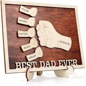 Best Dad Ever Father's Day Wood Sign Plaque(11.4''x9.2''), Daddy Fist Bump with Children Name Sign Desk Decor, Father Grandpa Birthday Gift from Kids Daughter Son Wife