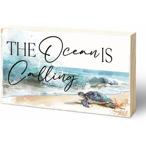 Watercolor Beach Turtle Wooden Block Sign - The Ocean Is Calling - 5"X3" Pine Wood Plaque, Home & Office Desk Decor, Room Tabletop Ornament, Shelf Supplies, Decorative Housewarming Gift - A11