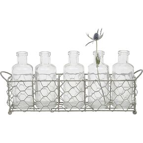Creative Co-Op Wire Holder with 5 Glass Vase Bottles