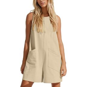 Women Sleeveless Crew Neck Solid Loose Rompers Keyhole Back Plain Wide Leg Shorts Casual Overalls with Pockets