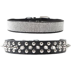 2PCS Adjustable Dog Cat Collar,Rhinestone Dog Bling Collar&Leather Spiked Studded Dog Collars, Decoration for Small Medium Large Dogs.