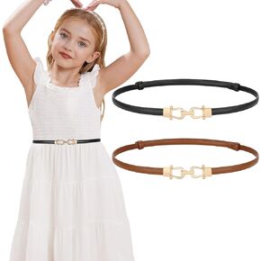 Leather Skinny Girl Belt for Dress Adjustable Thin Waist Belt with Golden Buckle 2 Pack