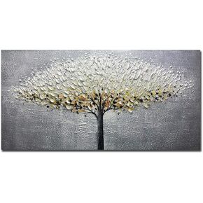 Yotree Paintings, 24x48 Inch Paintings Oil Hand Painting Silver-gray Tree Painting 3D Hand-Painted On Canvas Abstract Artwork Art Wood Inside Framed Hanging Wall Decoration Abstract Painting