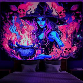 Invoibler Blacklight Witch Tapestry الأشعة فوق البنفسجية التفاعلية الجمجمة المفروشات السحر جرعة النار نسيج يتوهج في الظلام نسيج أسود ضوء نسيج لغرفة النوم (51.2 × 59.1 بوصة) in Kuwait