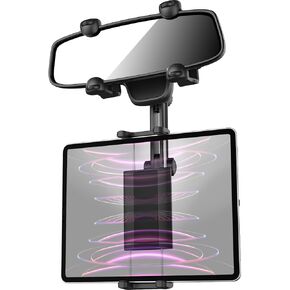 Car Tablet Mount Rear View Mirror, [4 Clip More Sturdy] Rearview Mirror Car Tablet Holder, Retractable Vehicle Mirror Clamp for iPad Pro 12.9 Mini Air, Galaxy Tab/Z Fold, iPhone, 4-13" Devices