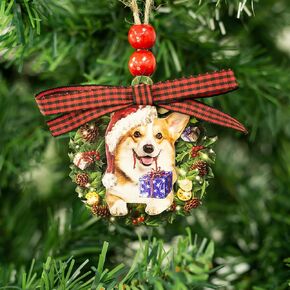 Talataca Corgi Wearing A Christmas Hat Wreath Dog Lover 2D Flat Car Rear View Mirror Accessories Christmas Tree Ornament Decoration Hanging Charm Interior Rearview Pendant Decor Gift