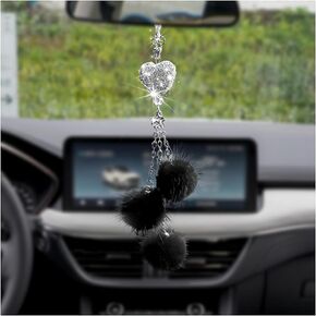 Bling Heart Diamond Car Hanging Accessories, Bling Love Heart and Cute Plush Balls, Crystal Car Rear View Mirror Charms for Women, Lucky Hanging Pendant Car Accessories (Purple)